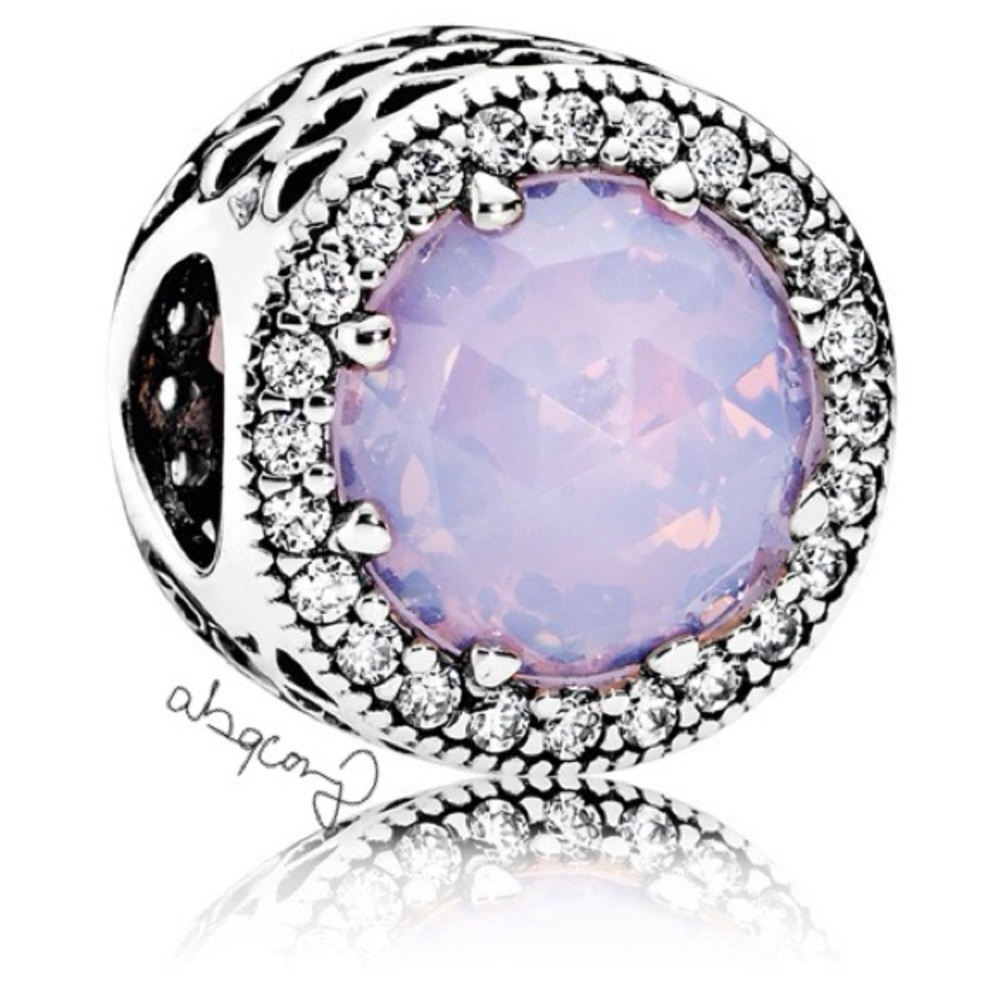 EUC Pandora 791725NOP Silver Radiant Hearts Charm w/ Opalescent Pink Crystal